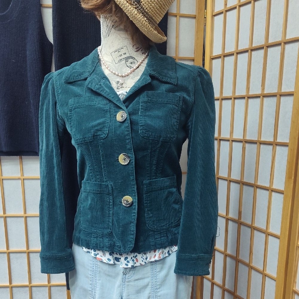 Anthropologie Teal Corduroy Cropped Blazer